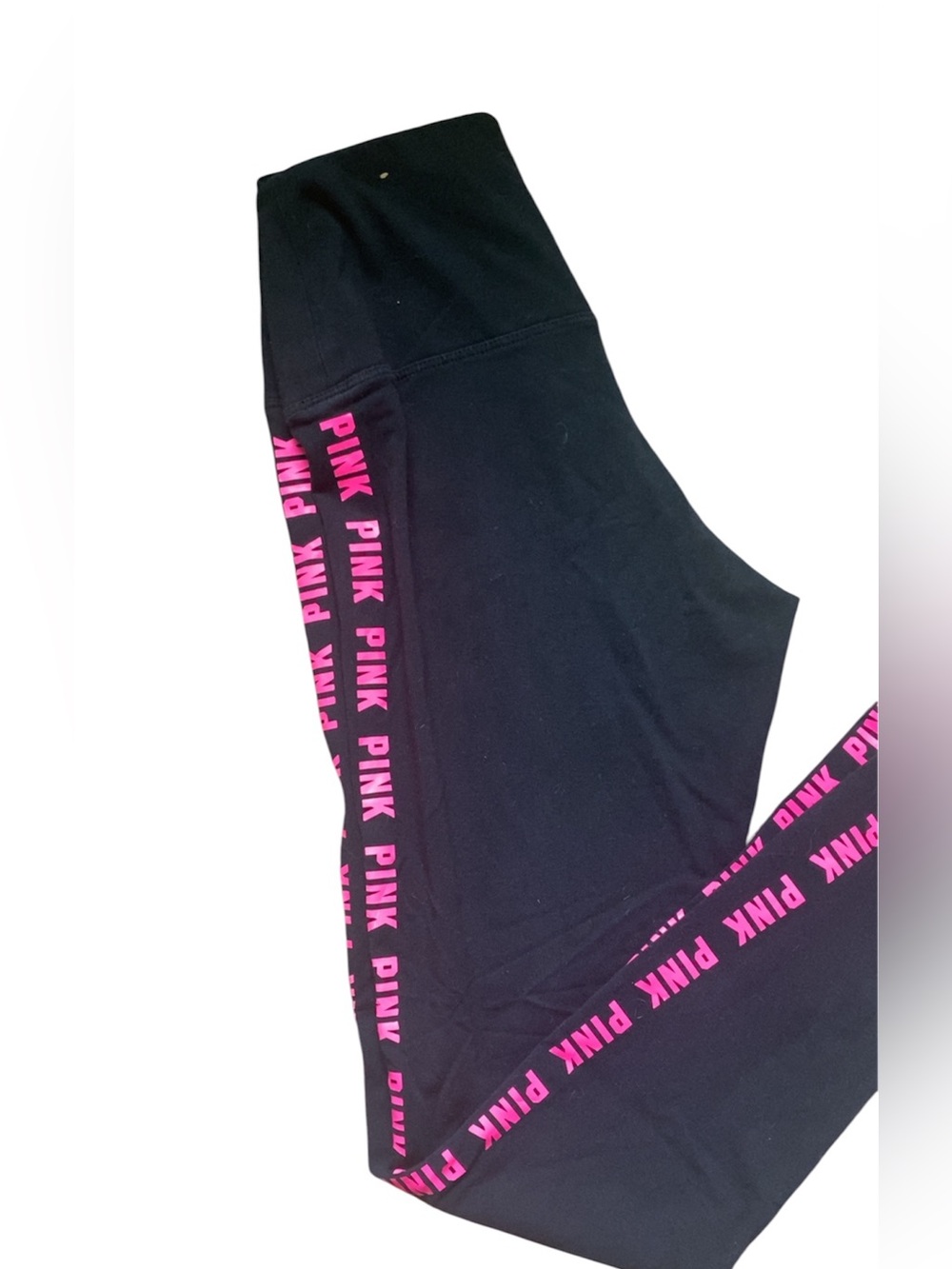 Super Cute PINK Victoria's Secret Black Leggings with Hot Pink Logo Sides Size M